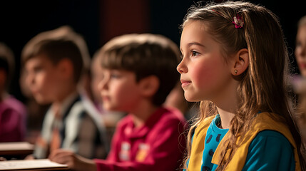Obraz premium A gripping spelling bee contest with children nervously spelling complex words under the spotlight 