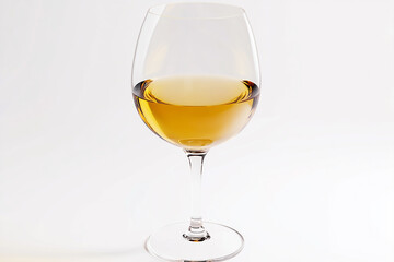 A wine glass filled with an amber liquid against a plain white background in a studio shot