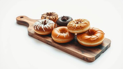 Glazed Donuts on Rustic Wooden Board: A Delicious Still Life
