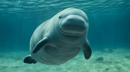 Naklejka premium Close up underwater view of a manatee swimming in clear blue ocean