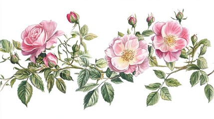 Wild Rose Watercolor Border Illustration, Vintage Floral Vector Design Background.