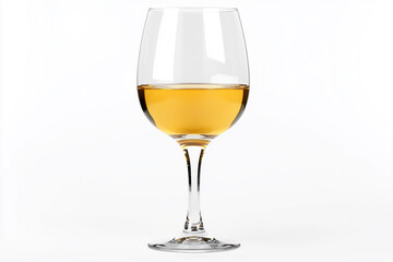 A clear wine glass filled with a golden liquid against a plain white background studio shot