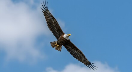 Naklejka premium Majestic bald eagle soaring in the sky with wings fully spread against a blue sky
