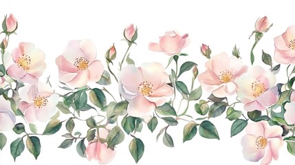  Wild Rose Watercolor Border Illustration, Vintage Floral Vector Design Background.