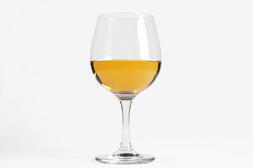 A single wine glass filled with a light amber liquid on a plain white background studio shot