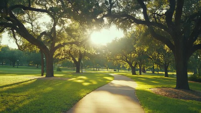 A path in a park with trees and grass. The path is shaded by the trees and the grass is green