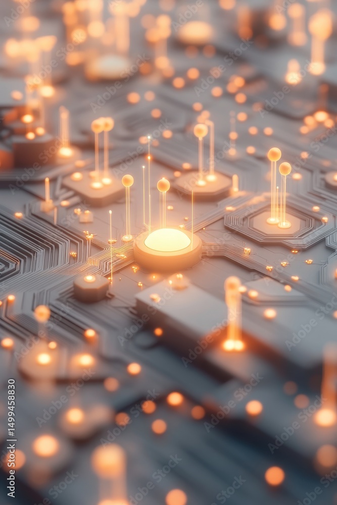Poster close up of electronic circuit board with glowing components. tech backdrop with bright dots on grey