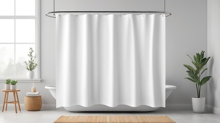 Boho aesthetic white shower curtain mockup, minimalist bathroom design.