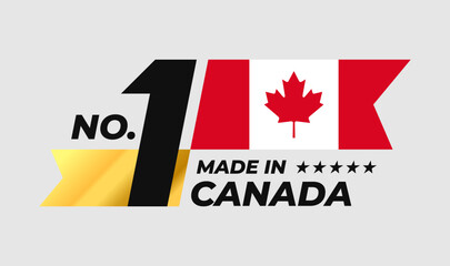 Number 1 made in Canada sign badge vector design. Label with Canada flag and stars symbol in the form of a gold ribbon
