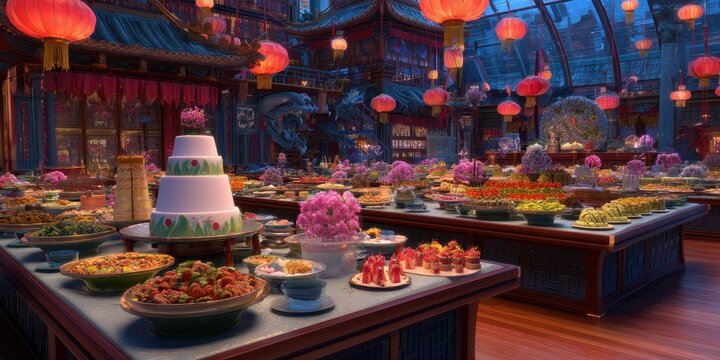 Bogactwo potraw na wystawnym stole bankietowym