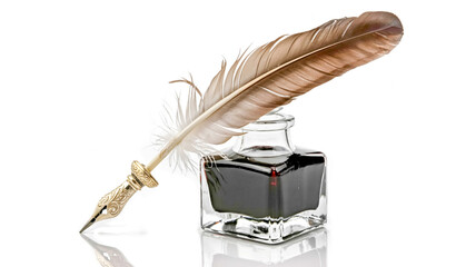 A high-contrast product photograph of a vintage quill pen and ink bottle against a pure white background.