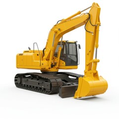 Yellow excavator isolated on white background for construction and mining uses.