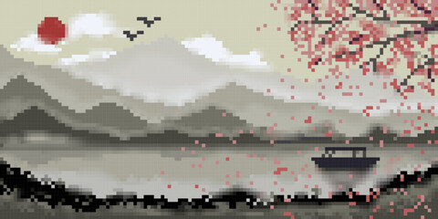Pixel art Japanese landscape -- pixel art