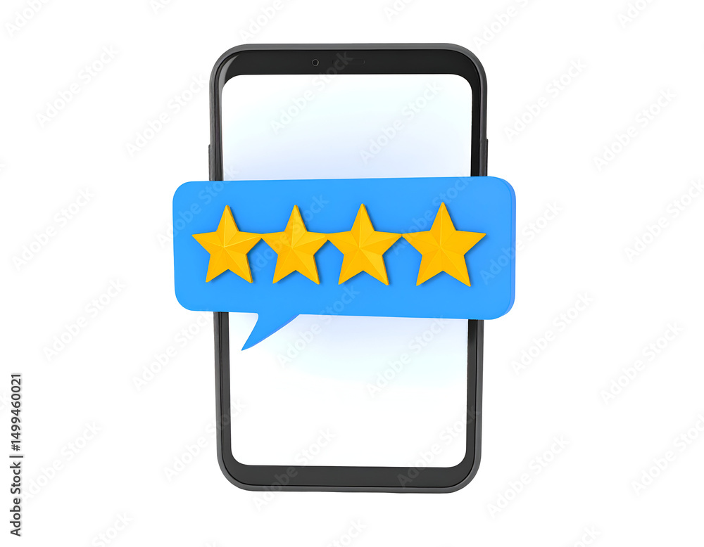 Poster smartphone displaying a five-star rating in a speech bubble