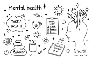 Hand-drawn doodle-style vector illustration about mental health and self-care. Includes icons like journal, candle, to-do list, peaceful face. Perfect for wellness blogs, apps, prints.