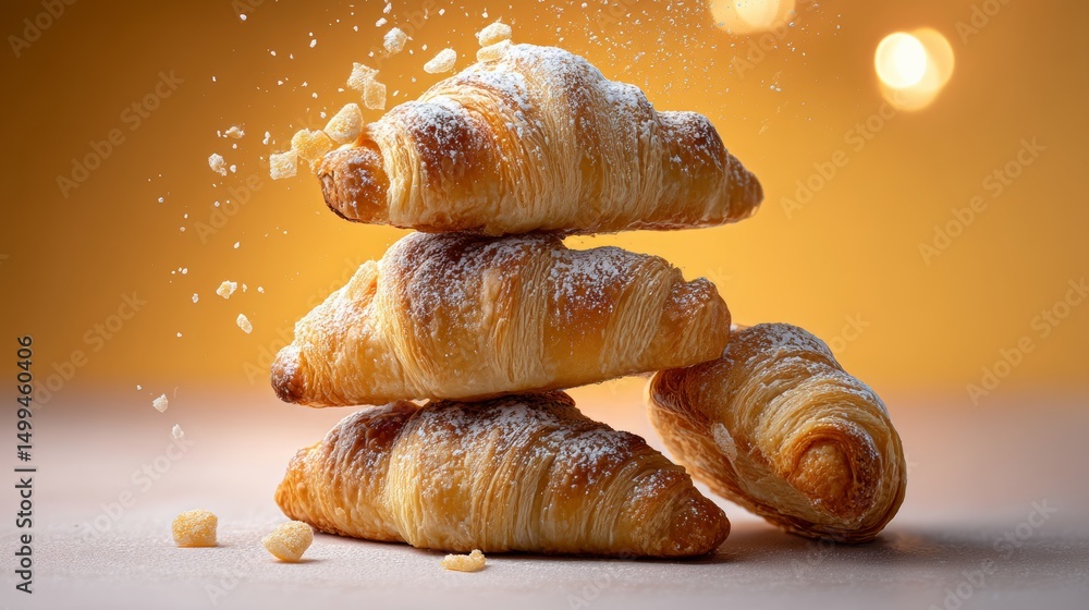 Poster stack of croissants with powdered sugar on top. the croissants are piled on top of each other, creat