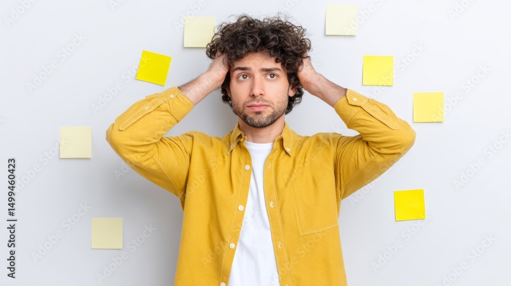 Poster man in a yellow shirt is looking at a wall covered in yellow sticky notes. he is in a state of confu