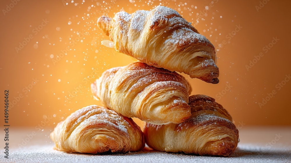 Poster stack of croissants with powdered sugar on top. the croissants are piled on top of each other, creat