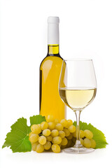 A bottle of white wine with a glass and grapes on a white background in a studio shot