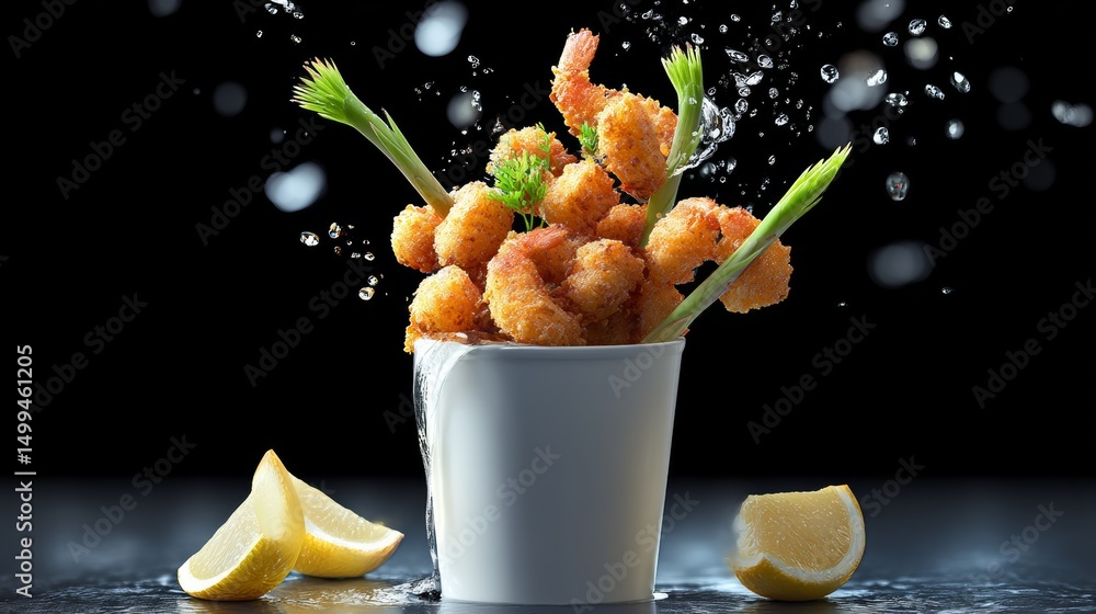 Poster bowl of fried shrimp with a lemon wedge on the side. the shrimp are arranged in a way that they look