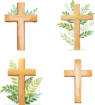 Wooden floral leaves cross bundle set, Watercolor Easter Cross. Hand drawn Baptism Crosses DIY Invitation. Wooden Easter clip art isolated. Holy Spirit, Religious, Wooden cross illustration