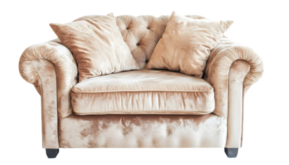 A beige velvet loveseat with rolled arms and two plush cushions, isolated on a black background.  It's a comfortable-looking piece of furniture