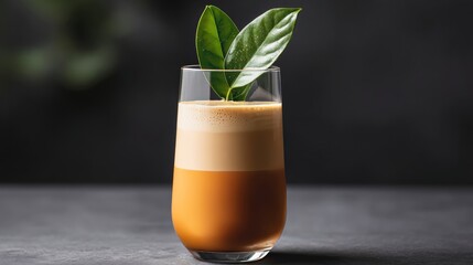 Glass of mixed drink with a leaf on top. The drink is a combination of orange juice and milk