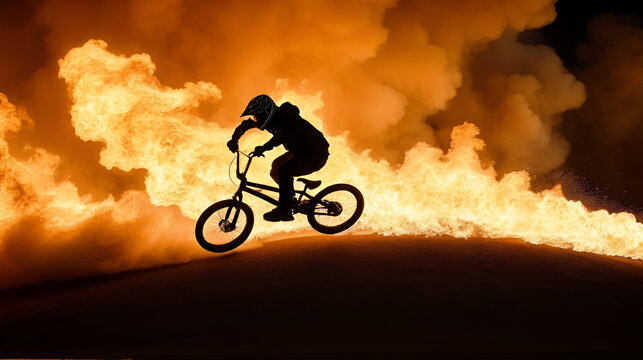 Defying Gravity, Embracing Fire: A silhouette of a BMX rider soars through a blazing inferno, capturing the heart-stopping thrill and audacity of extreme sports.