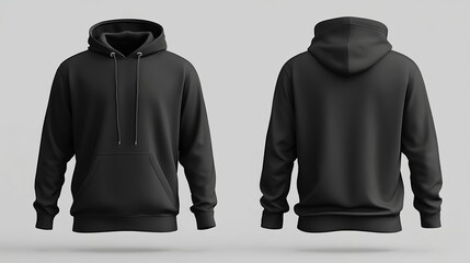 The hoodie is black and has a hood. The hoodie is hanging on a mannequin