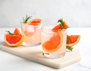 Two grapefruit cocktails with rosemary on a tray, soft background, fresh and relaxing atmosphere.