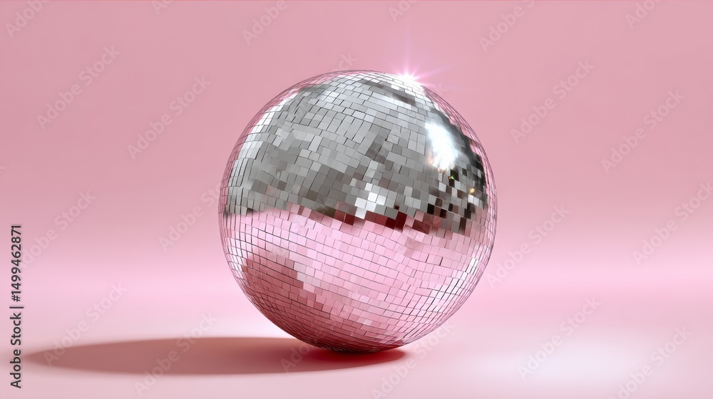 Poster shiny silver ball with a pink background. the ball is reflective and has a shiny surface. the pink b