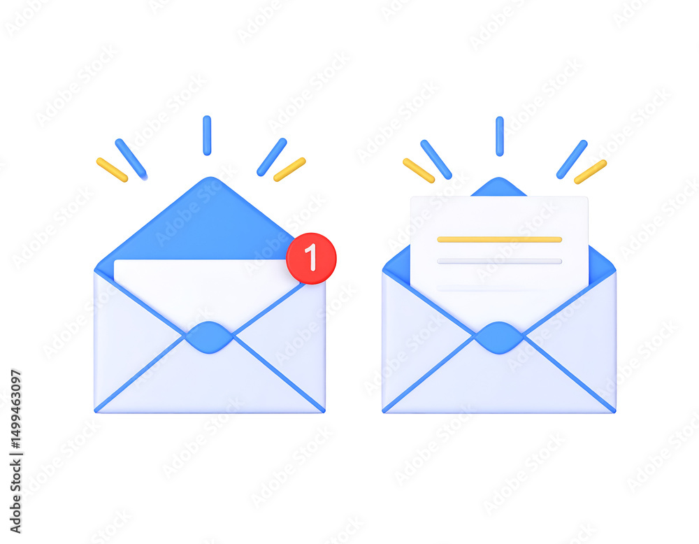 Aufkleber 3d render of two opened and unopened light-blue envelopes with notification