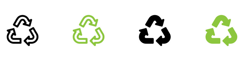 Recycle vector icon set. Arrows, recycle eco green symbol. Rounded angles. Recycled signs illustration isolated on white background. Recycling arrow ecofriendly. Vector Illustration. 
