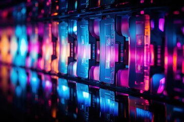 Abstrakcyjny pejzaż świetlny z neonowymi blokami i odbiciem