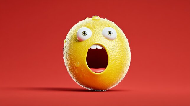 Yellow face with an open mouth and a droplet of water on its nose. The face is looking surprised and the droplet of water adds a playful touch to the scene