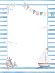 A boat with white sails, seagulls and anchor on a postcard. Watercolor illustration. Festive flags and starfish are isolated on a white background. The theme of holiday, a birthday in a nautical style © Elena