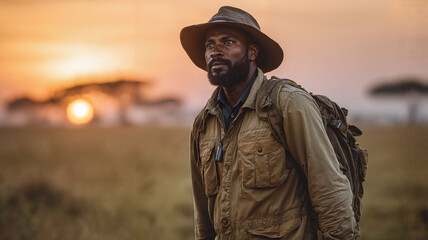 Adventurous man exploring savannah landscape during sunset  