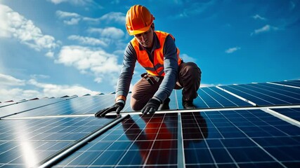 A technician installing the solar panels at roof top of home and home office, concept of economic energy and cost saving, own small business. Ecology, alternative energy - Powered by Adobe