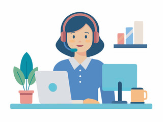 Customer service. Woman operator call center with headphones and microphone with laptop. Concept illustration for support vector
