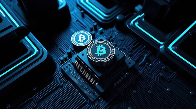 Cryptocurrency on a circuit board.  Digital currency processing