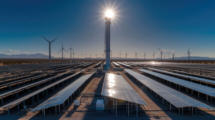 Obraz premium Expansive solar power field with central tower, wind turbines, and clear sky, showcasing renewable energy innovation