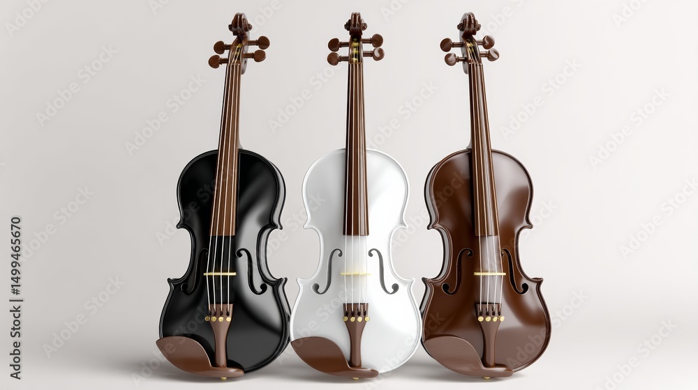 Poster three violins are shown in a row, with the middle one being white and the other two being black. the