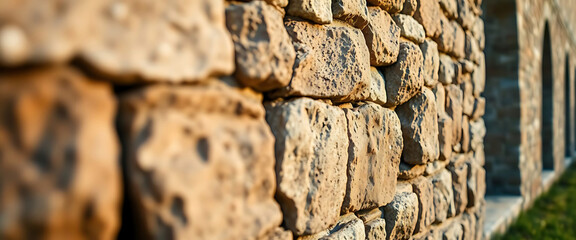 close up of a stone wall with grass in the background