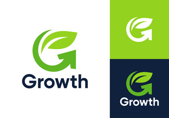 leaf with arrow logo. letter G nature growth symbol icon design