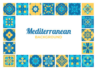 Mediterranean traditional tiles frame background with text. Modern geometric floral card, banner, cover, flyer, pattern. Italian, Portuguese, Spanish, Moroccan, Greek mosaic. Amalficore. Vector.