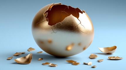 Cracked golden egg with a broken shell on a blue background. The egg is broken into pieces, and the shell is scattered around it. Concept of fragility and vulnerability