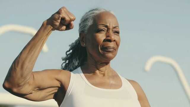 Strong senior woman flexing muscles under open sky