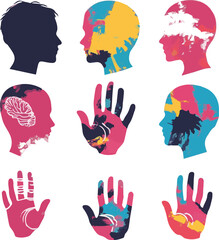 Fototapeta premium Colorful vector hand prints and human finger silhouettes symbolizing help and volunteer gestures.