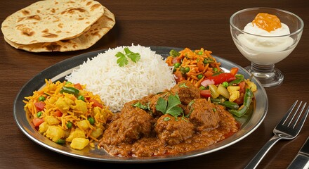 Indian Thali Meal with Curry Rice and Yogurt
