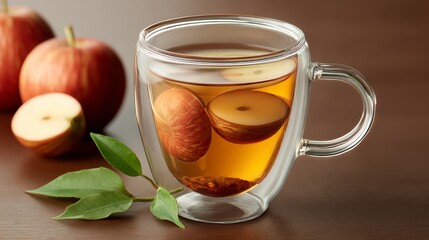 Cup of tea with a few apples and a leaf on the side. Concept of relaxation and comfort, as the tea and apples are often associated with a calming and soothing experience